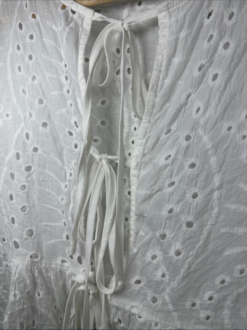 White Eyelet Cottagecore Peasant Blouse With Front Ties, XL - Picture 3 of 4
